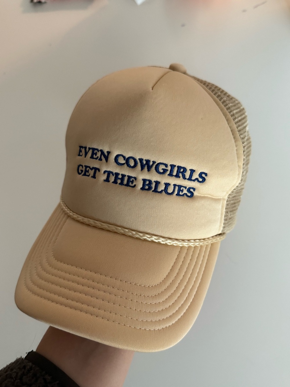 Beige 'Even Cowgirls Get The Blues' Embroidered Trucker Hat